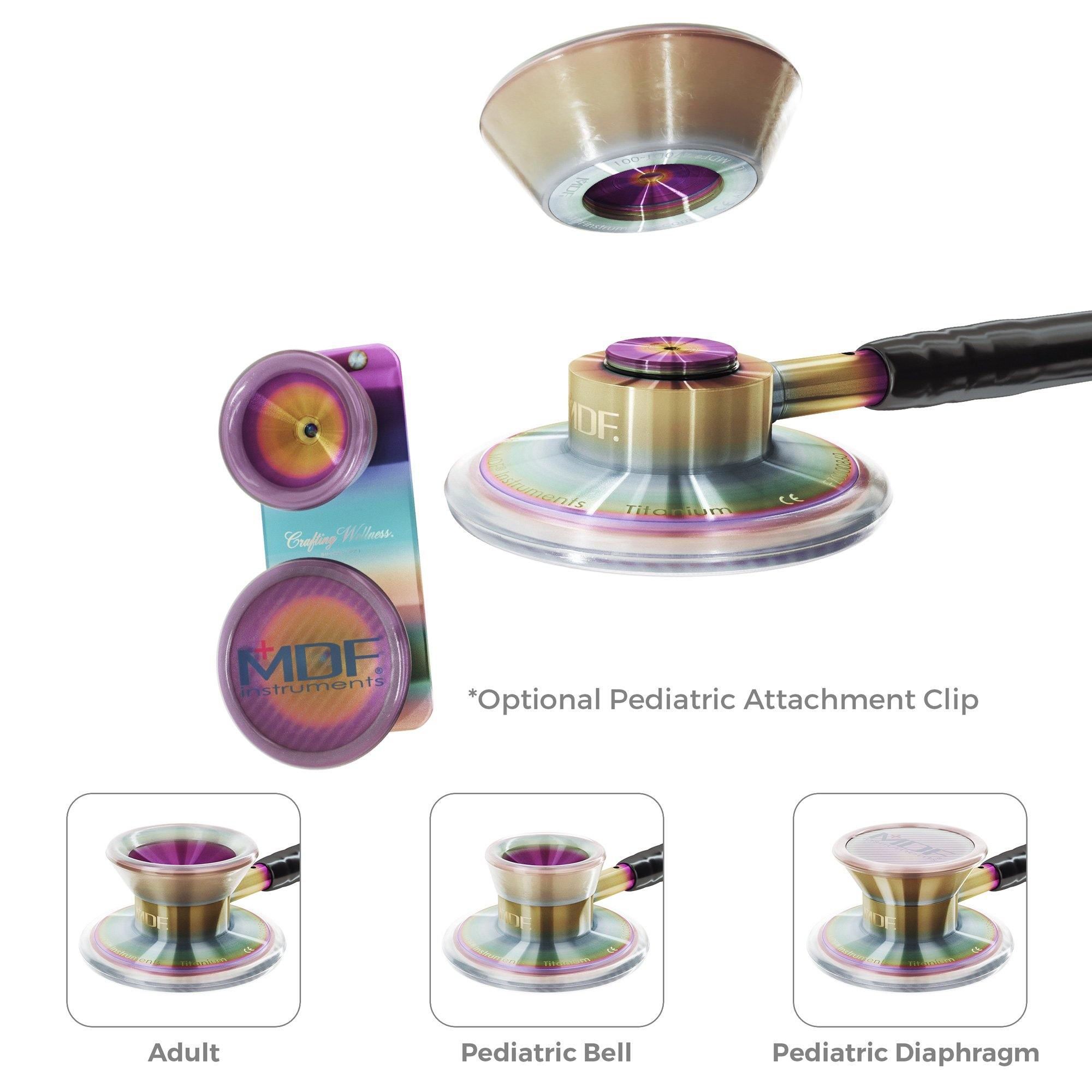 Stethoscope MDF Instruments MD One Epoch Titanium Pink and Purple Paisley Print Purpaisley and Kaleidoscope Attachments for Pediatrics
